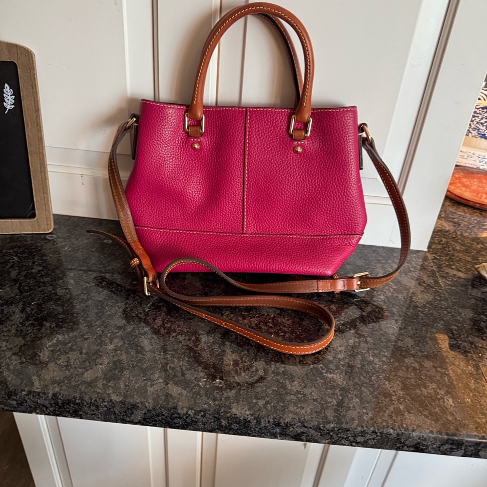 Dooney & Bourke Fuchsia Pebbled Leather Satchel with Brown Trim - Picture 3 of 5